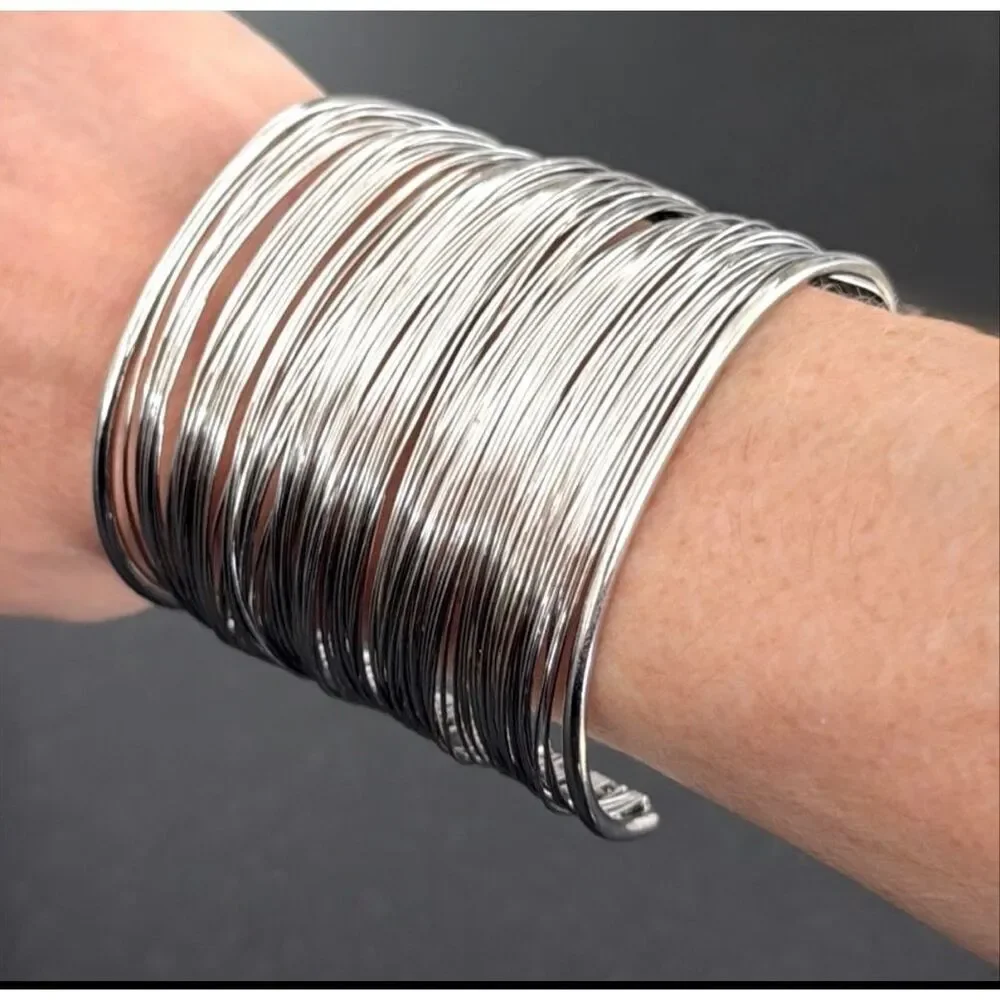 Slinky Wire Cuff Bracelet, Silver Tone Sculptural